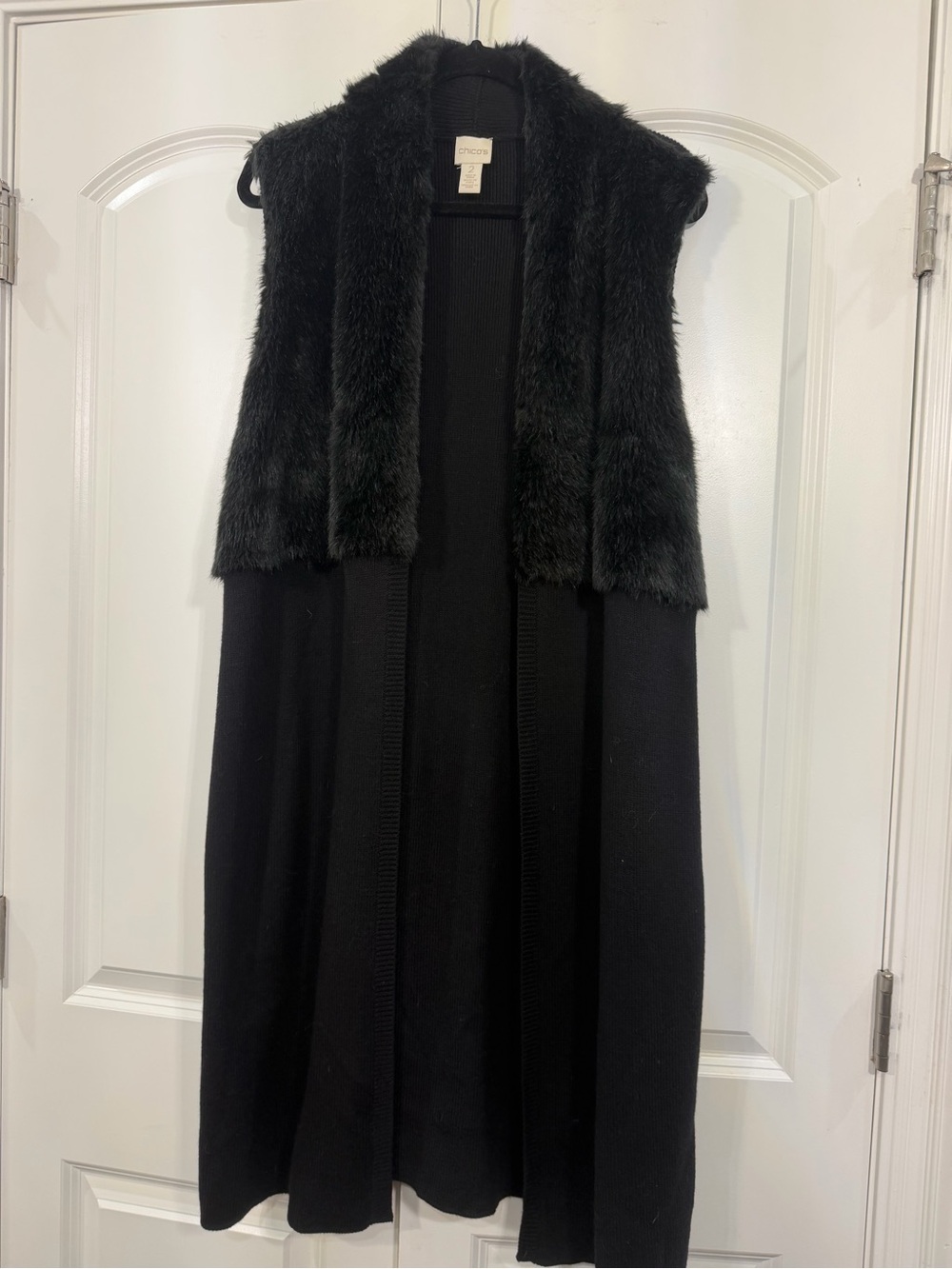 Chico's Faux Fur Trim Long Vest Cardigan